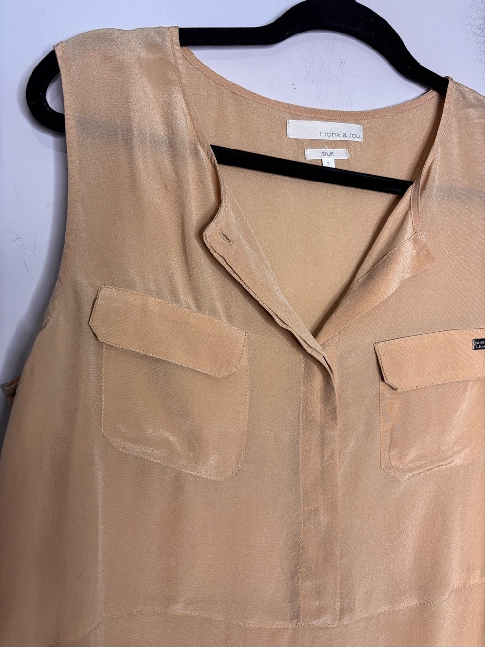 Monk & Lou Sleeveless Silk Utility Blouse V Neckline Camel, size S - Picture 3 of 10